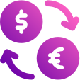 Ícone representando um dos serviços da SEGCOMEX, o Câmbio. O ícone representa moedas diferentes e sinais de setas simbolizando troca entre elas. Imagem ilustrativa do site Segcomex - Seguros Aeroportuários, seguros de cargas, Curitiba